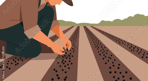 Farmer Planting Seeds in Brown Earth Preparing For Upcoming Harvest and Growth