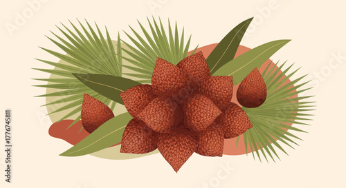 Exotic Salak Fruit Arrangement With Palm Leaves On A Light Beige Background