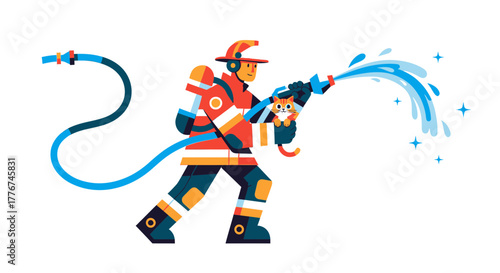Firefighter Rescuing A Cat, Spraying Water, Heroic Action, Vector Illustration