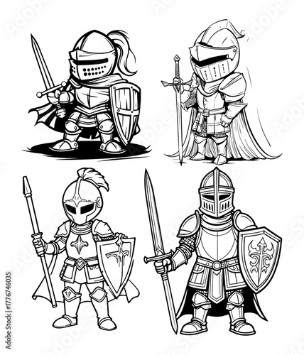 A detailed black and white illustration set of medieval knights in armor, featuring four different warrior characters with swords, shields, and spears. Each knight is drawn in a cartoon or comic style