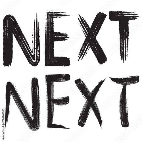 Bold black lettering spelling next repeated twice in a dynamic design