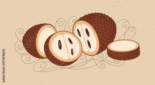 Exotic Soursop Fruit Sliced Open and Ready To Be Enjoyed, Vector Illustration