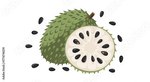 Exotic Soursop Illustration Showing Whole and Sliced Fruit With Black Seeds on White