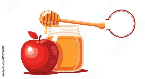 Fresh Apple And Honey Imagery With Artistic Honey Dipper Isolated on White Background