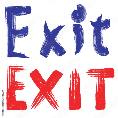 Bold brushstroke lettering spells out the word exit in red and blue