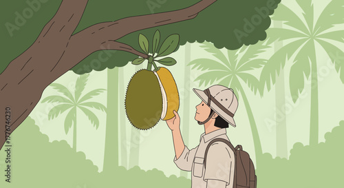 Explorer Gazing At Exotic Jackfruit In Lush Jungle Environment With Palm Trees
