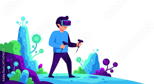 Experiencing Virtual Reality: A Person Immersed in a Digital, Futuristic World