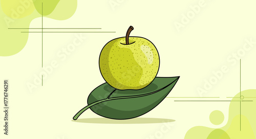 Fresh Apple Resting Gracefully on a Lush Green Leaf with Contemporary Art Elements