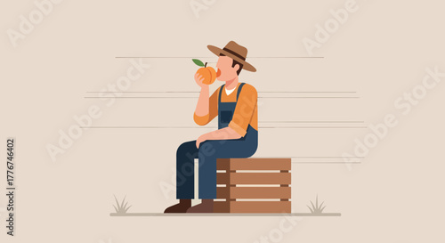 Farmer Enjoying Fresh Fruit and Resting While Sitting on a Wooden Crate
