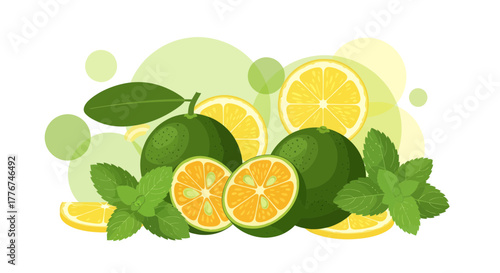 Fresh Arrangement of Citrus Fruits, Leaves and Mint for Culinary and Refreshment Purpose