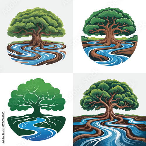 Ornamental tree in a colorful Asian garden with dragon and temple sculptures