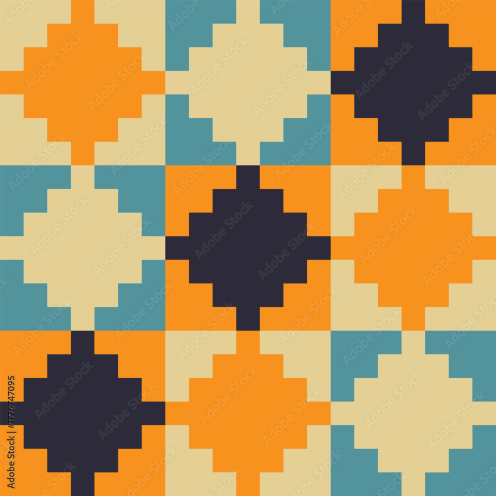 Obraz premium Stepped diamond pattern created from small pale yellow, gold, blue and navy squares in pale yellow, gold, teal and navy blue squares