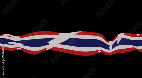 Abstract vector illustration of a distorted and waving ribbon or stream in the colors of the UK flag (Union Jack) against a stark black background.
