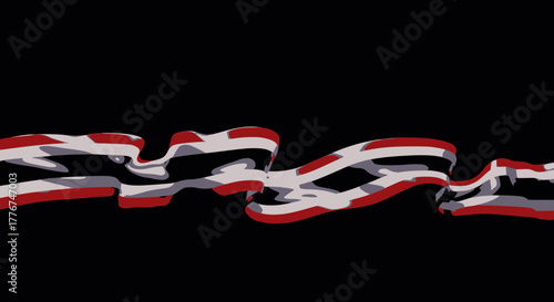 Abstract vector illustration of a dynamic, waving stream of red, white, and gray ribbon or fabric set against a stark black background, symbolizing movement.