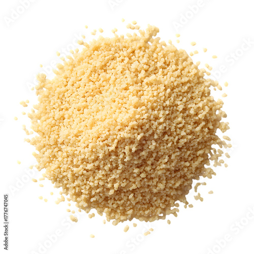 Overhead shot of a pile of dry couscous grains against a stark on transparent background