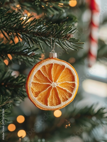 Dried orange slice hangs from a Christmas tree. Green needles and blurred lights provide a festive backdrop. AI.