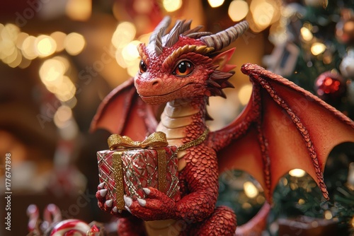 Red dragon figurine holding a wrapped gift with a gold bow. The background is blurred with lights. AI.