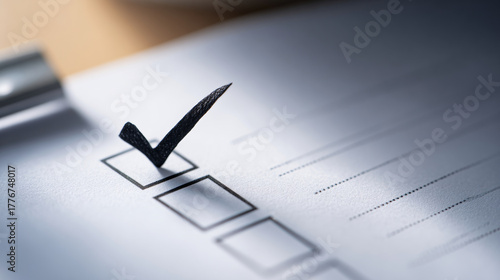 Close-up of a checklist with a bold black checkmark in the first box on a white paper with blurred background