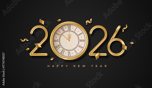 2026 font typography logo. Happy New Year 3d gold number icon on black background. Vector illustration. Place for text. Merry Christmas Eve party poster, event banner template. Confetti firework
