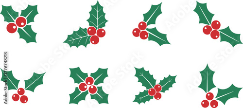Collection of eight green holly sprigs with red berries, isolated on transparent background, representing Christmas and winter holiday decorative elements