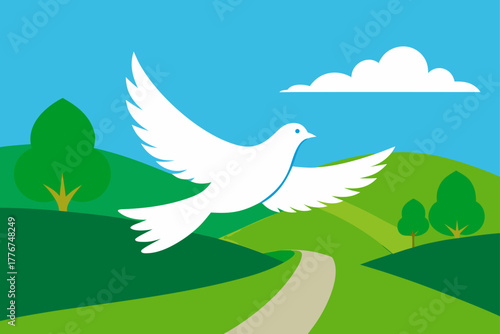 Dove flying over landscape