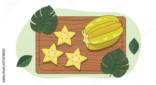 Fresh Carambola Displayed On A Wooden Surface With Tropical Leaves, Overhead View