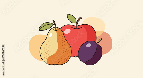 Fresh Cartoon Fruits Displayed In A Decorative Composition Against A Soft Background