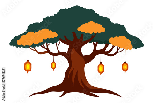 Tree with lanterns and clouds