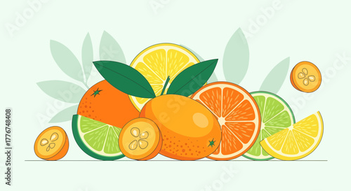 Fresh Citrus Medley: A Vibrant Vector Illustration Of Oranges, Lemons, And Limes