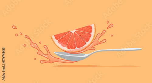 Fresh Citrus Slice Spilling Juice Over Spoon Against Orange Background Seamless Illustration