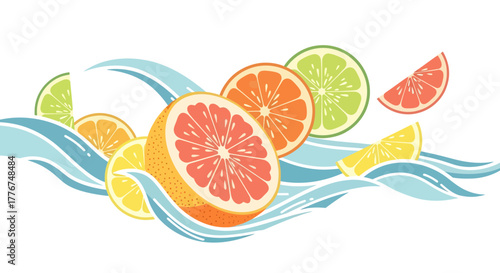 Fresh Citrus Slices Swimming In Abstract Waves Creative Vector Art Illustration