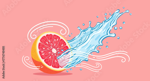 Fresh Citrus Splash: A Vibrant Illustration of Grapefruit And Refreshing Water Flow