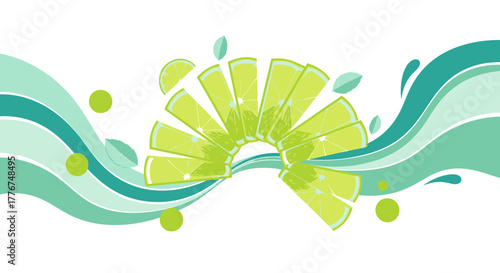 Fresh citrus slices with abstract design and flowing lines for refreshing drinks