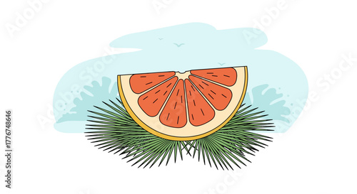 Fresh Grapefruit Slice Resting On Palm Fronds Set Against A Coastal Background