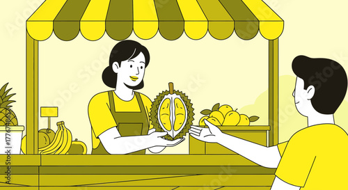 Fresh Durian and Tropical Fruits Market Offering Illustration in a Modern Minimalist Style