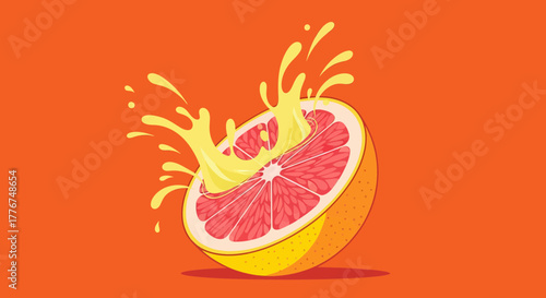 Fresh Grapefruit Sliced With Juice Splash Against Vibrant Orange Background