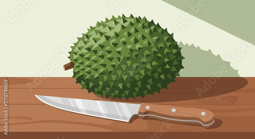 Fresh Durian And Sharp Knife Composition On Rustic Wooden Table
