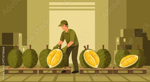Fresh Durian Harvested By A Man Inside A Warehouse, Showing The Seasonal Fruits