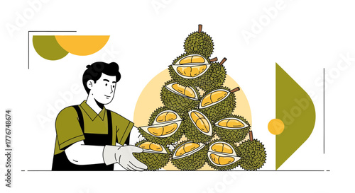 Fresh Durian Harvested By Worker: A Tropical Fruit Composition In Vector Style Presentation