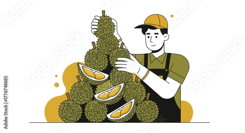 Fresh Durian Pile With Seller In Cartoon Illustrated Style Delivering Fruits