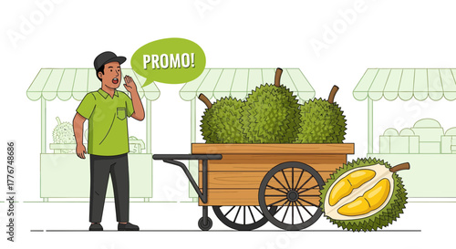 Fresh Durian Vendor Announcing Promo Offer With Cart Illustration For Marketing