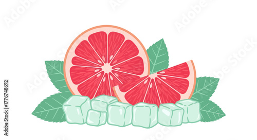 Fresh Grapefruit Slices with Mint Accents and Ice Cubes on White Background