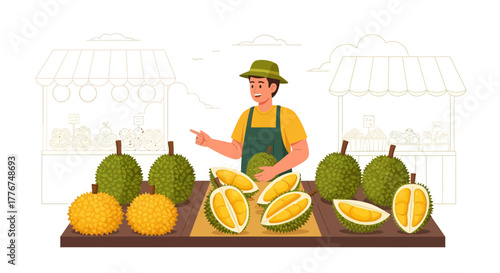 Fresh Durian Vendor Displaying Tropical Fruits and Offering the Exotic King