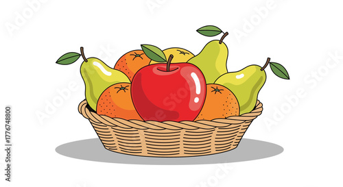 Fresh Fruit Basket Illustration Depicting Apples Oranges and Pears in a Woven Container