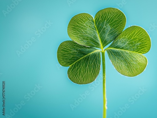 A four-leaf clover with green leaves and a stem is seen against a solid light blue background. AI.