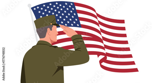 Proud American military officer in uniform saluting with the US flag in the background. Represents patriotism, honor, service, and respect for veterans and armed forces. Ideal for Veteran Day