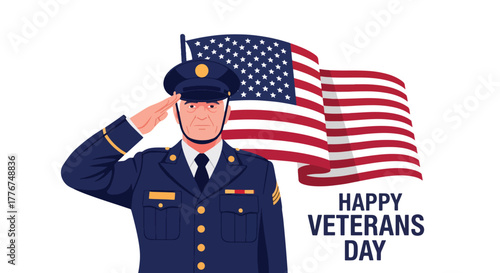 Proud American military officer in uniform saluting with the US flag in the background. Represents patriotism, honor, service, and respect for veterans and armed forces. Ideal for Veteran Day