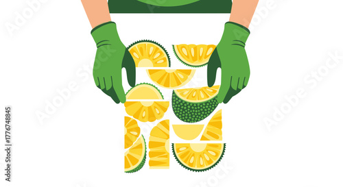 Fresh Fruit Displaying Sliced Jackfruit Pieces Held By Green-Gloved Hands Artwork