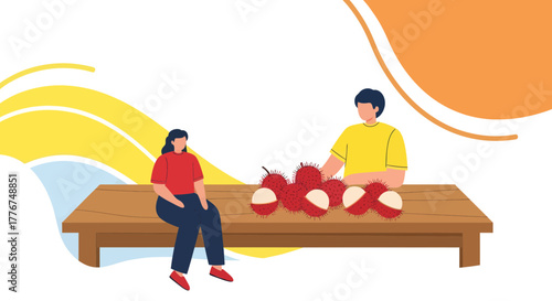 Fresh Fruit Display With Two Figures, Illustrated Composition For Food Related Content