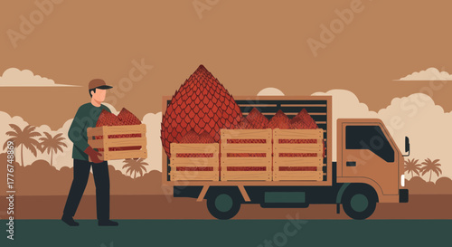 Fresh Fruit Harvest Transportation Depicting Agricultural Labor and Transportation Logistics